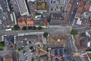 Drohnenfotos der Stadt Langenthal aus senkrechter Perspektive.