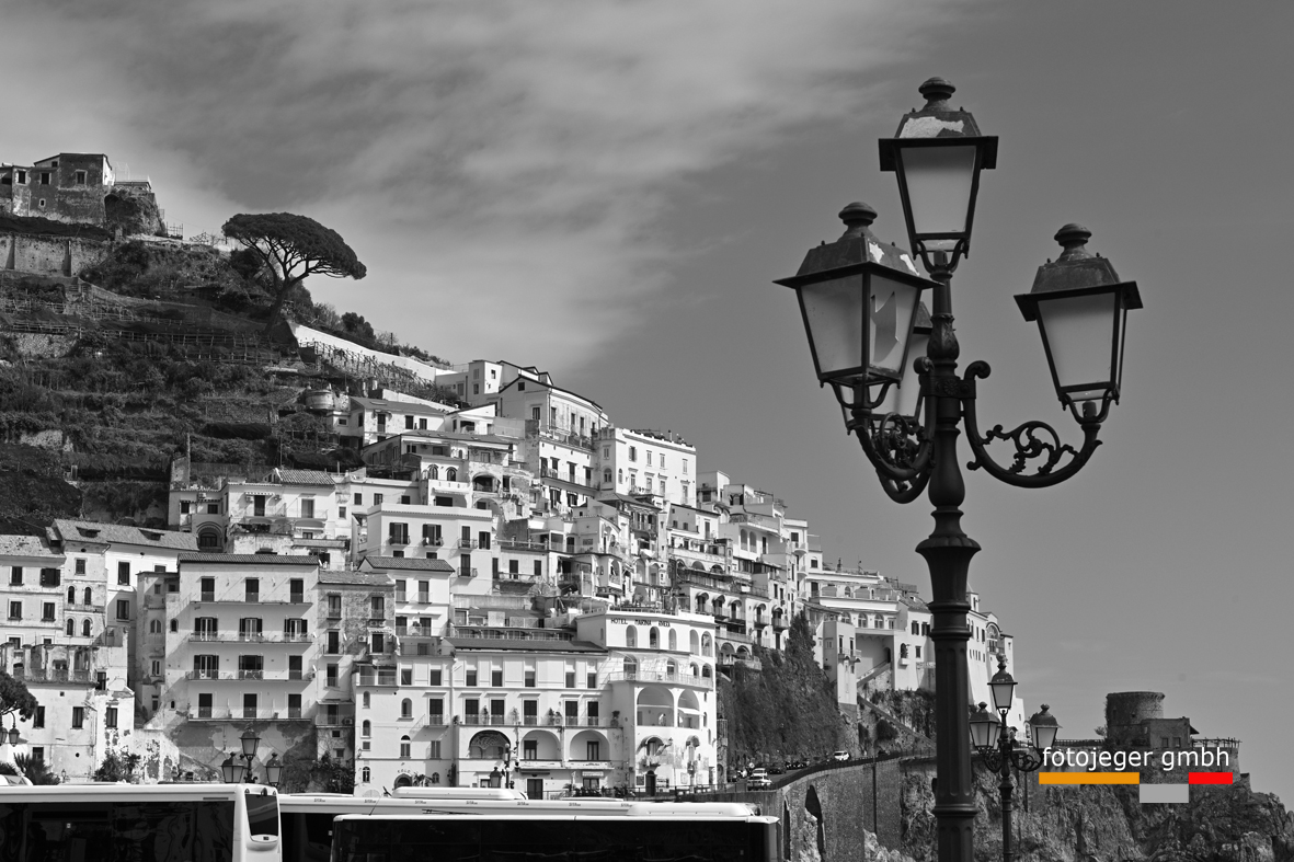 Black and white photo of the city of Amalfi in Italy in the province of Salerno